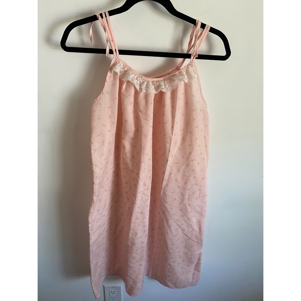 Vintage Pink Floral Lace Trim Nightgown Tie Strap Chemise Made in USA‎